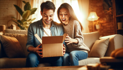 A young couple sits together on a couch, both excitedly opening a gift box. The warm sunlight fills the room, highlighting their joyful expressions