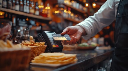 A waiter using a mobile payment terminal to accept a credit card from a customer, showing the convenience of modern card payment systems in the service industry.