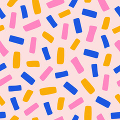 Abstract seamless pattern with colorful confetti or sugar sprinkles. Playful festive backdrop. Pop art style textures. Vector illustration