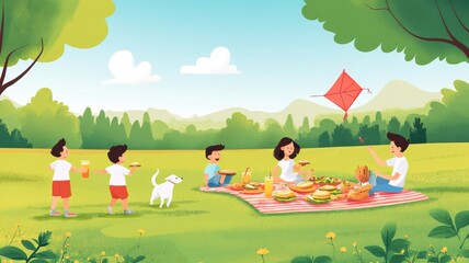 Obraz premium A cheerful picnic scene with kids, a dog, and a colorful kite in a sunny park. Enjoy outdoor fun and family bonding moments.