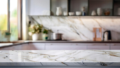  Empty marble countertop with a blurred background of a modern kitchen for product display