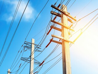 Fototapeta premium A clear blue sky with power poles and wires illuminated by sunlight, representing energy and infrastructure.