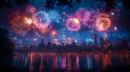 Fototapeta premium Colorful fireworks light up the night sky over a vibrant city skyline, reflecting in the water during a festive celebration
