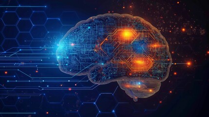 High-tech digital brain with futuristic neon circuitry glowing in a blue and orange grid, representing artificial intelligence and technological innovation.