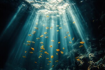 Obraz premium serene underwater scene with shafts of sunlight piercing turquoise depths schools of fish swirl through ethereal beams creating dynamic patterns