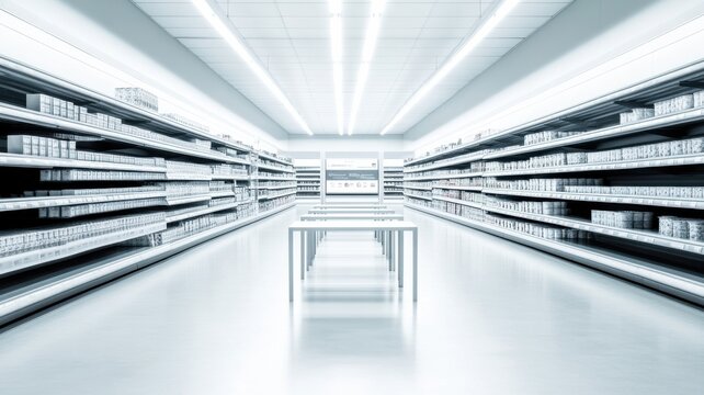 A minimalist and modern interior of a spacious retail store with bright lighting and organized shelves ready for products.