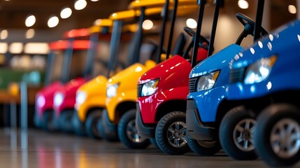 Colorful Row of Defocused Golf Carts in a Shop Interior Scene
