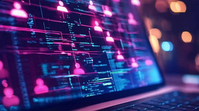 Laptop screen shows a vibrant digital interface exhibiting users profiles and complex data analysis while people gather at a tech conference in the evening