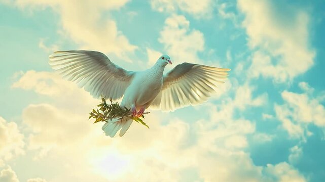 A dove soars against a beautiful sky, holding an olive branch in its beak during a serene sunset moment, concept of peace