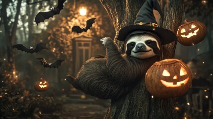 A whimsical sloth in a witch hat surrounded by festive pumpkins and bats, creating a magical Halloween scene.