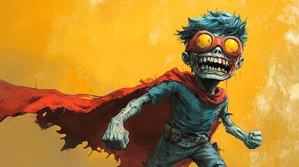 Cartoon zombie superhero with a tattered cape, exaggerated muscles, big grin, playful