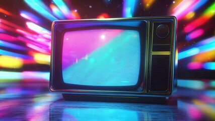 A classic television set stands in a dark room, illuminated by bright and colorful lights, evoking a sense of nostalgia and excitement