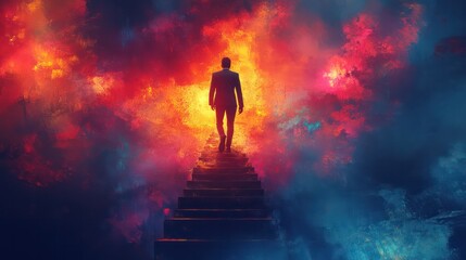 A startup leader climbing a ladder to success, each step symbolizing innovation, persistence, and business growth.