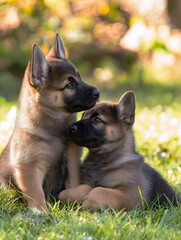 Two German Shepherd puppies energetically play with each other on a grassy field.