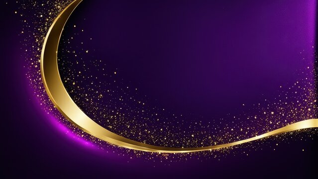 A vibrant purple background with a golden curve and sparkling particles, ideal for elegant designs.