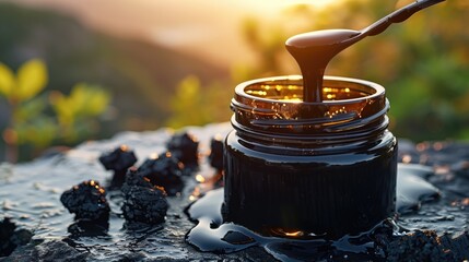 Detailed close-up shot of an open black jar of liquid Shilajit and a spoon set on a rocky surface with sunlight and greenery in the background. The thick Shilajit resin drips off the spoon