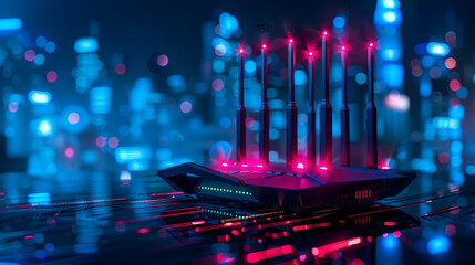 Modern high speed 5g next generation router for home secure networks and online communication high bandwidth internet technology as wide banner with copy space and datum data