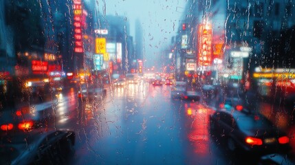 Cityscape view through a rain-soaked window at night.