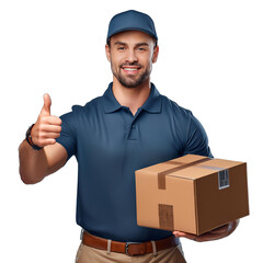 Smiling delivery man holding box and giving thumbs up Cut out