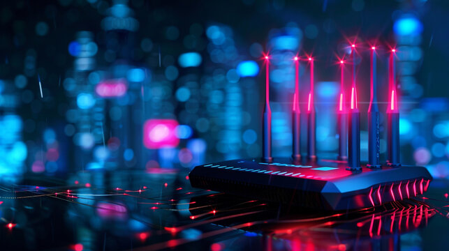 Modern high speed 5g next generation router for home secure networks and online communication high bandwidth internet technology as wide banner, copy space for text and datum data