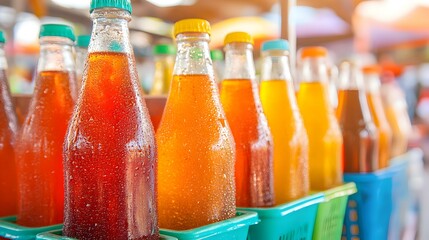 Vibrant Marketplace Scene, colorful stalls brimming with fresh produce, lively vendors engaging with customers, refreshing soda bottles on display.