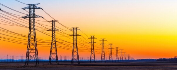 A stunning sunset view with power lines stretching across a vast landscape, creating a silhouette against the vibrant sky.