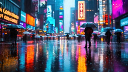 A vibrant rainy night in a bustling city with colorful neon lights and people walking with umbrellas on reflective streets.
