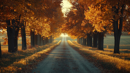 Fototapeta premium Golden Autumn Road with Trees and Sunlight