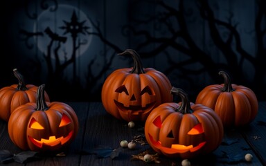 Fototapeta premium Smiling jack-o'-lanterns glow orange against a dark wooden background, perfect for Halloween decorations and spooky celebrations. 