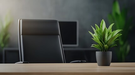 Modern office workspace featuring a black chair and a decorative plant on a wooden desk, perfect for promoting productivity.