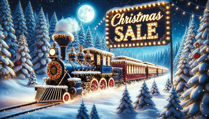 A colorful train adorned with holiday decorations moves through a snowy landscape, surrounded by evergreen trees under a glowing moon, promoting a Christmas sale