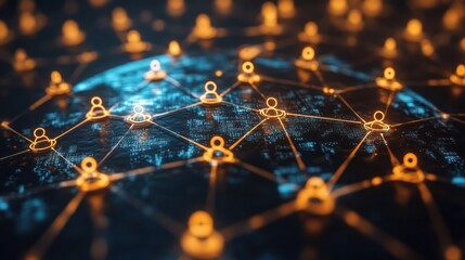 A professional networking icon showing interconnected people with a globe in the background, representing global business relationships.