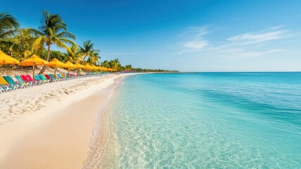 Naklejka premium A stunning beach scene with clear turquoise water, palm trees, and colorful chairs on a sandy shore under a bright blue sky.