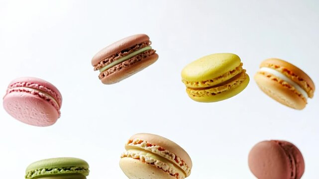 Delicious macarons in various pastel colors appear to float, creating an elegant and whimsical display of confectionery artistry