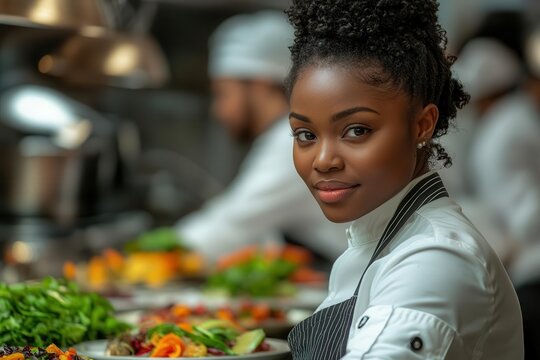 skilled african american female chef expertly preparing gourmet cuisine in a stateoftheart professional kitchen exuding confidence and culinary mastery