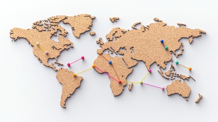 Artistic cork world map with colorful pins and strings, perfect for travel, decoration, or educational purposes.