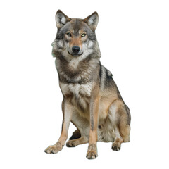 Fototapeta premium Young Wolf Sitting Patiently with Attentive Eyes and Calm Posture, Isolated on Transparent Background, Detailed Fur and Soft Lighting, Ultra-Detailed 8K