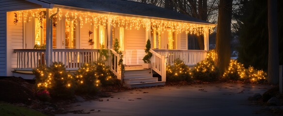 lighted christmas lights adorn the front porch of a home