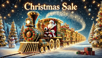 A jolly Santa Claus sits atop a sparkling train adorned with holiday decorations, gliding through a snowy landscape filled with Christmas trees and gifts