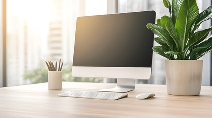A modern office workspace featuring a desktop computer, keyboard, and potted plant bathed in natural light.