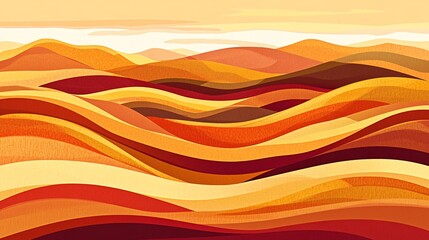 Fototapeta premium Abstract landscape with wavy lines of brown, orange, red, and yellow colors with a sky in the background.