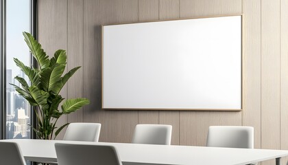 Modern conference room featuring a blank whiteboard, minimalistic design, and a green plant for a fresh ambiance.