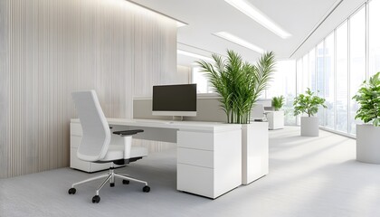 Fototapeta premium Modern office interior with a sleek desk, comfortable chair, and vibrant plants, creating a productive and stylish workspace.