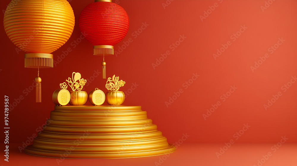 Sticker Golden Chinese New Year Lanterns and Platform for Festive Design