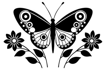 Butterfly sits on meadow flowers  silhouette vector  design