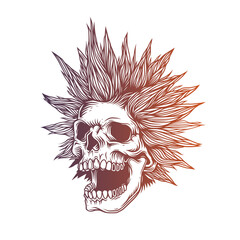 A skull with an open mouth and a punk rock hairstyle. T-shirt design, stickers, print.