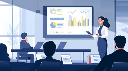 A businesswoman giving presentation in modern office setting, showcasing data on large screen. audience is engaged, highlighting professional atmosphere