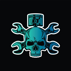 Mechanic logo with skull, pistons and crossed wrenches. Original vector illustration in vintage style isolated on black background. T-shirt design.