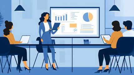 A businesswoman giving presentation in sleek conference room, engaging her audience with visual data and insights. atmosphere is professional and collaborative