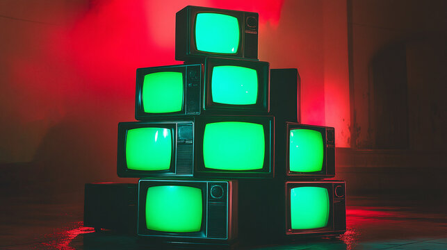 3d rendered stack of classical old televisions, aged green screen tv monitors, panorama vintage chrome key TVs, vintage video element cinematic red lighting composition dynamic scene